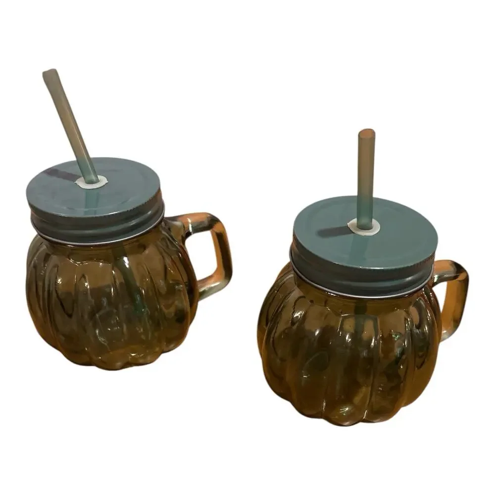 Set of 2 Green Glass Mason Drinking Jars with Handles, Lids & Straws Vintage